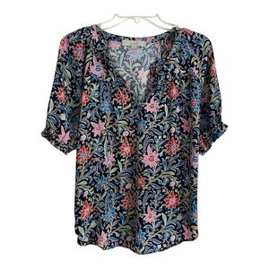 LOFT Women's Floral Short Elastic Sleeve Top - Navy/Pink/Green/Red